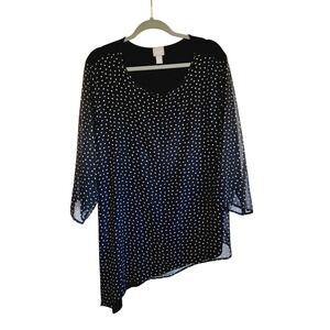 Chico's Travelers 3 Long Asymmetrical Blouse Polka Dot B/W Chiffon‎ Overlay NWOT